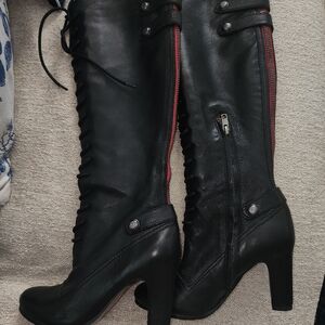 Sam Edelman Black Lace Up Boots with Red Accents